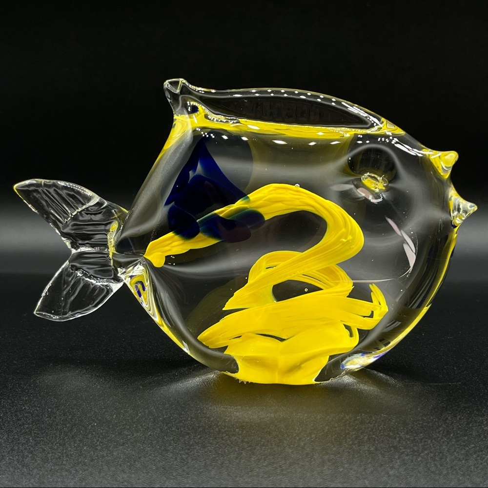 MCM Australia Handmade Art Glass Yellow Blue Aquarium Fish Paperweight Sculpture